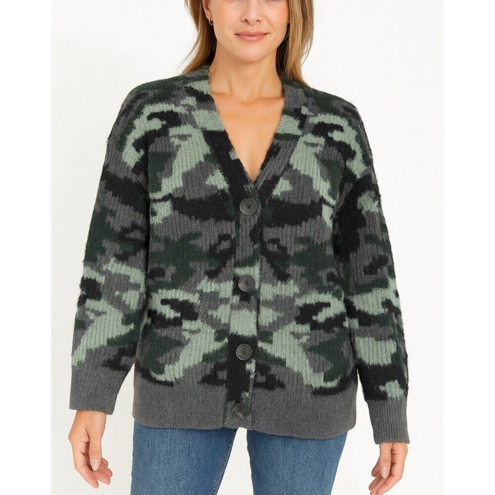 Vince Camuto cardigan sweater camo print eyelash button up V-neck SOFT SZ LG